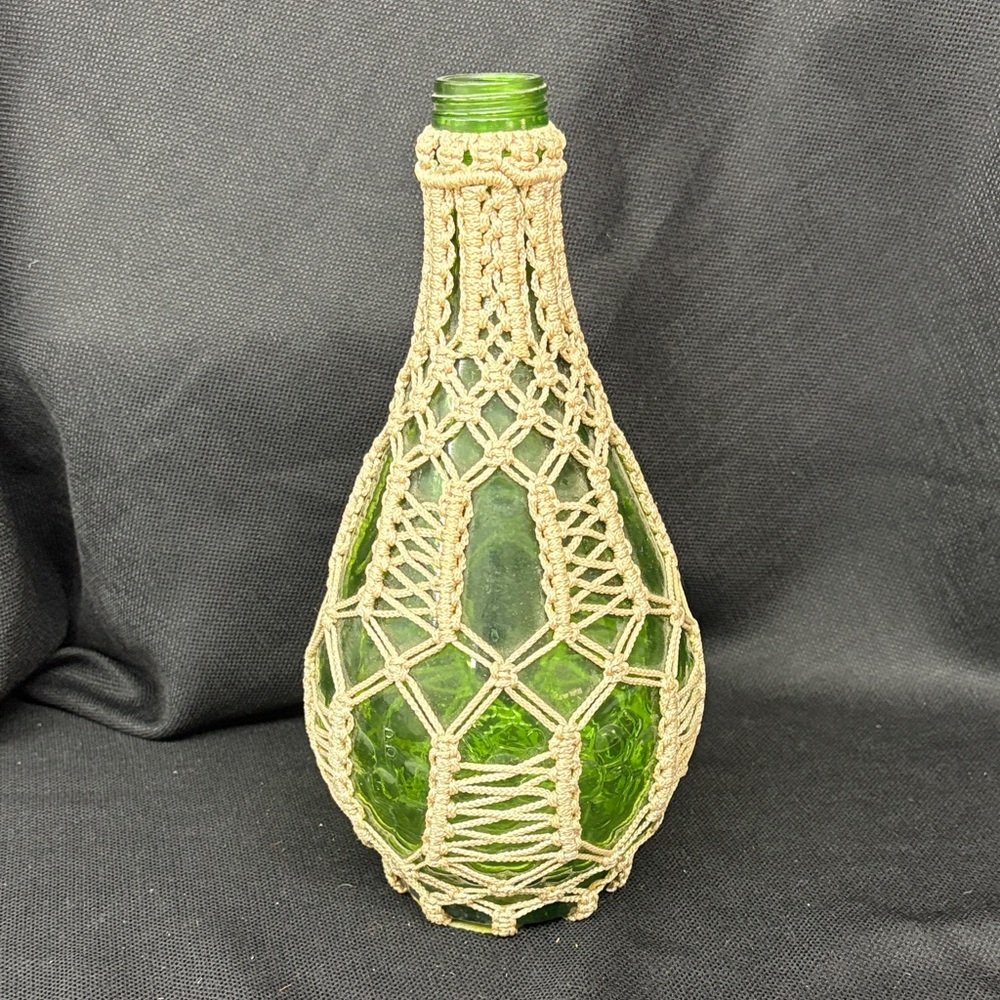 Green Glass Bottle with Macrame Cover